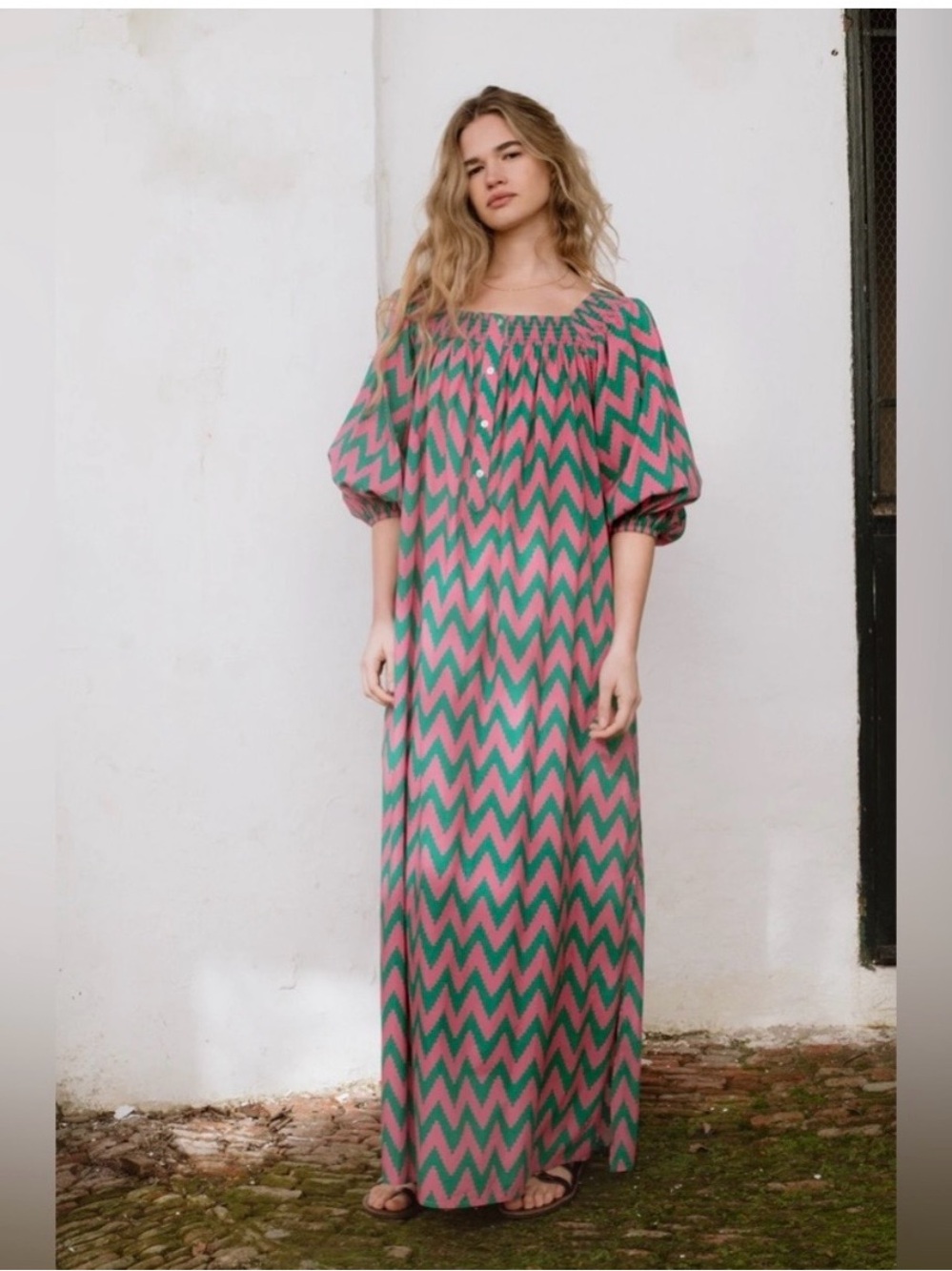 SONMER Simona Maxi Dress in Zig Zag - Pink and Green chevron - M